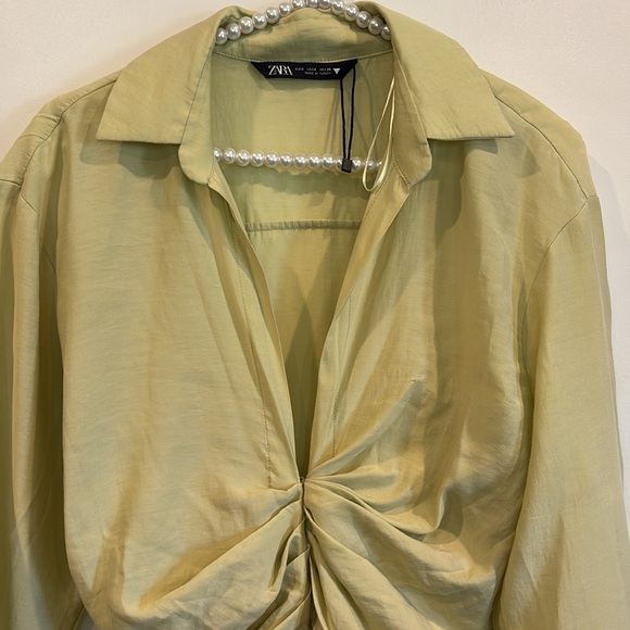 Zara Lime Green Ruched Mini Dress Collared Long Sleeve Shirt Dress XS/Small - Picture 6 of 15